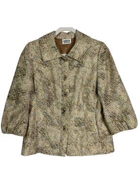 Chico's Metallic Jacquard Jacket Gold Silver Textured Blazer 3/4 Sleeve, US 8
